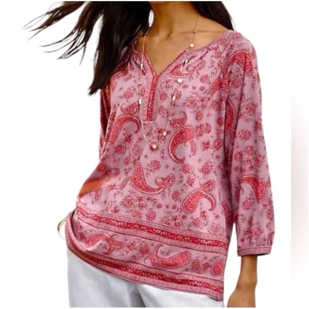J Jill Pure Jill Split-Neck Border Print Top Size M Dusty Pink Paisley Tunic
